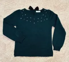 ダークグリーン ニットセーター リボン付き