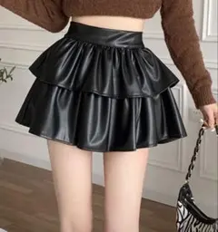 SHEIN ハイウエスト PUレザー フレアスカート 黒 ブラック