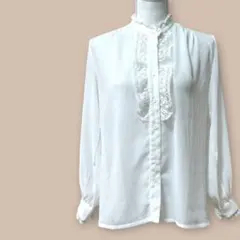 レトロブラウス　バンドカラー　白　花の刺繍レース　楊柳風　シアー　11号