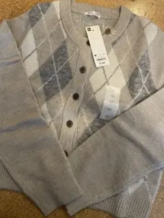 GU パフニットアーガイルクルーネックカーディガン ベージュ Mサイズ