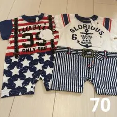 (70)男の子　半袖　だまし絵　ロンパース　２枚組