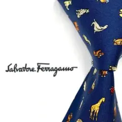 ◆美品◆Salvatore Ferragamo ネクタイ 紺色 アニマル柄