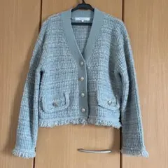 美品　リランドチュール　ラメツイードフリンジニットカーディガン　ミントグリーン
