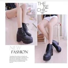 【限定商品！】 秋新作レディース厚底ブーティショートブーツ太ヒールレースアップ
