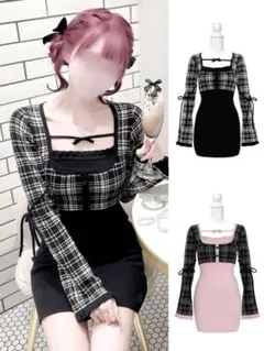 【新品タグ付き】honey mewチェックリボンドッキングワンピースフリーサイズ