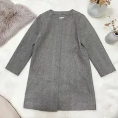 美品 GLOBAL WORK ノーカラーコート グレー ヘリンボーン柄上品Sのサムネイル