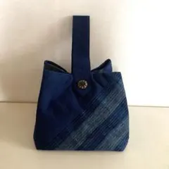 手提げ袋・バッグ (2way) ／ 古布(藍　縞・無地) ハンドメイド