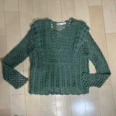 ZARA オリーブグリーン 透かし編みニットトップス S