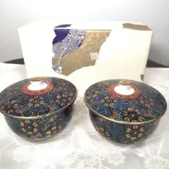 九谷焼 青粒 宝泉 青粒鉄仙 蓋付 湯飲み 2客 箱付