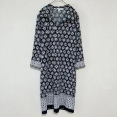 ★古着 美品❣️花柄 ひざ丈 ワンピース 【XS】 七分袖 レディース 黒 青