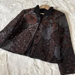 ブラック　ちりめん　花柄　薄手　シャツ　ジャケット