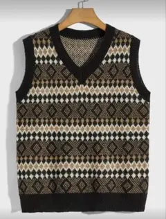 幾何学模様 Vネック ニットベスト