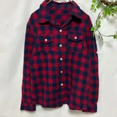 キッズ 150相当 シャツ チェック柄 長袖 レッド×ネイビー 柔らか素材