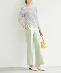 ROPE'PICNICストライプラウンドネック長袖コットントップス　綿100