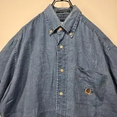 TOMMY HILFIGER　ヴィンテージ　リネン　デニムシャツ　M　刺繍　ロゴ
