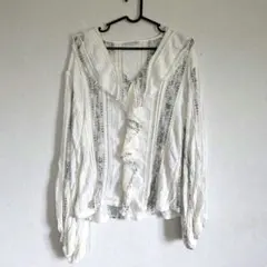 ZARA 刺繍　ホワイトフリルレースブラウス　7部丈