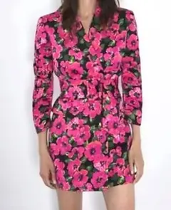 極美品【ZARA】ピンク花柄 七分ジャケットワンピ 太ベルト
