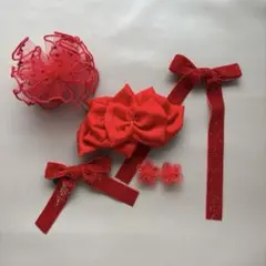 F-2 七五三髪飾り　ヘッドドレス　着物リメイク　赤　アンティーク　ハーフ成人式