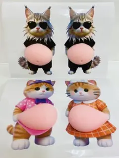 3D猫4匹セット お腹ぷにぷにシール もちもち スクイーズ もっちり 肉球 女子