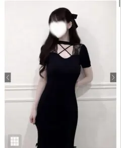 クロスネックレースリボンリブニットワンピース