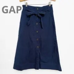 GAP ギャップ ミモレ丈 リボンベルト付フロントボタンスカート ネイビー 紺Mのサムネイル
