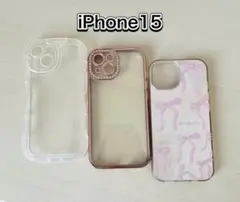 iPhone 15 ケース 3点セット クリア リボン柄 ラ インストーン
