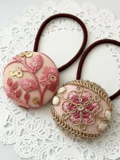 【No.266】インド刺繍 くるみボタン38㎜ ヘアゴム 2個セット