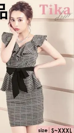 新品 Tika 千鳥柄 ペプラムウエストリボンドレス