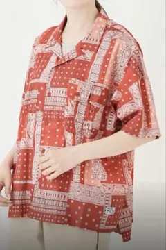 キューブシュガー エボ　半袖シャツ　綿100％　L　レッド　総柄　バンダナ柄のサムネイル