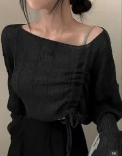 オフショルダー 黒 リブ編み ニット SHEIN