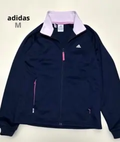 美品【アディダス】ジップアップジャージ レディースM ネイビーピンクポケット濃紺