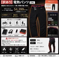 【訳あり】電熱パンツ 2XL 裏起毛 防寒 USB ブラック