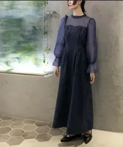 forksy.シアー袖ジャガード ロングワンピース ネイビー　結婚式