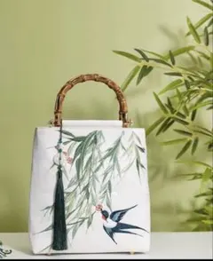 和装用バッグ 竹製ハンドル ツバメ刺繍 礼装バッグ 利休バッグ 着物バッグ 日常