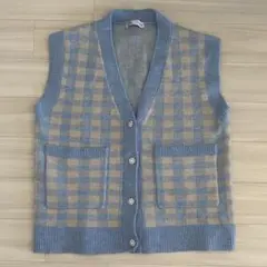 美品　ZARA 水色チェックニットベスト