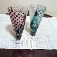 お値下げ切子 グラス 2客セット 赤 青