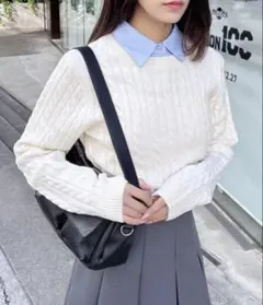 INGNI シャツ襟付きケーブルニット アイボリー ブルー