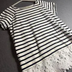 ELLE エル ボーダー 半袖 裾レース チュニック カットソー38クルーネック