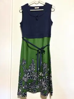【美品】ドレス ノースリーブ ひざ丈 ワンピース ネイビー グリーン