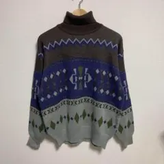 アーガイル　デザイン　ニット　セーター　長袖　タートルネック　日本製　総柄　古着