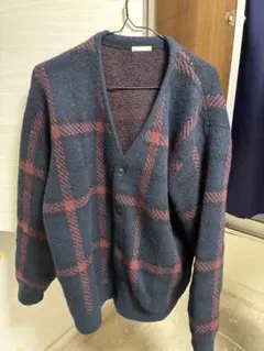 ネイビーと赤のチェック柄カーディガン Mサイズ
