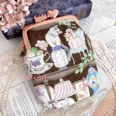 ユキエモン　キャビネットポーチハンドメイドがま口ハート猫　ブラウン