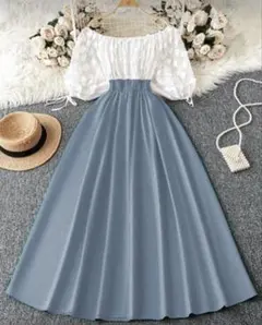 SHEIN CURVE ロング ワンピース 半袖 白 水色 XL