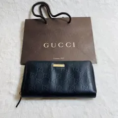 極美品グッチ 長財布 ラウンドファスナー GG シマ レザー 黒　おしゃれ男女