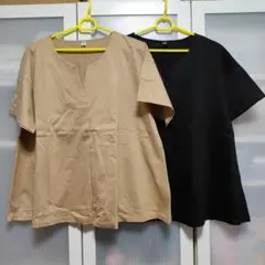 5914 ユニクロマーセライズコットンキーネックT XL ベージュ&黒 2枚組