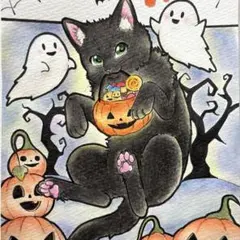 手描きイラスト　アナログイラスト　『ハロウィン黒猫』