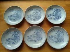 山水画 豆皿 6枚セット 染付 陶磁器
