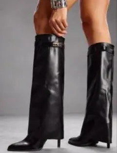 SHEIN 金具付き ロングブーツ ヒール ブラック 36