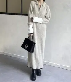 thevon 袖先配色ハーフジップニットワンピース