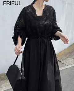 黒 フラワー刺繍 長袖ワンピース